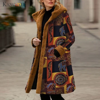 

KANCOOLD coats Women Vintage Print Fleece Hooded Long Sleeve Winter Button Plus Size Long Coat fashion new Coat women 2019DEC4