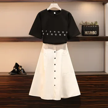 

New arrival HIGH QUALITY Women vintage Letter T-Shirt+High Waist Button elegant Skirts Summer 2 Piece Clothing Set Suits