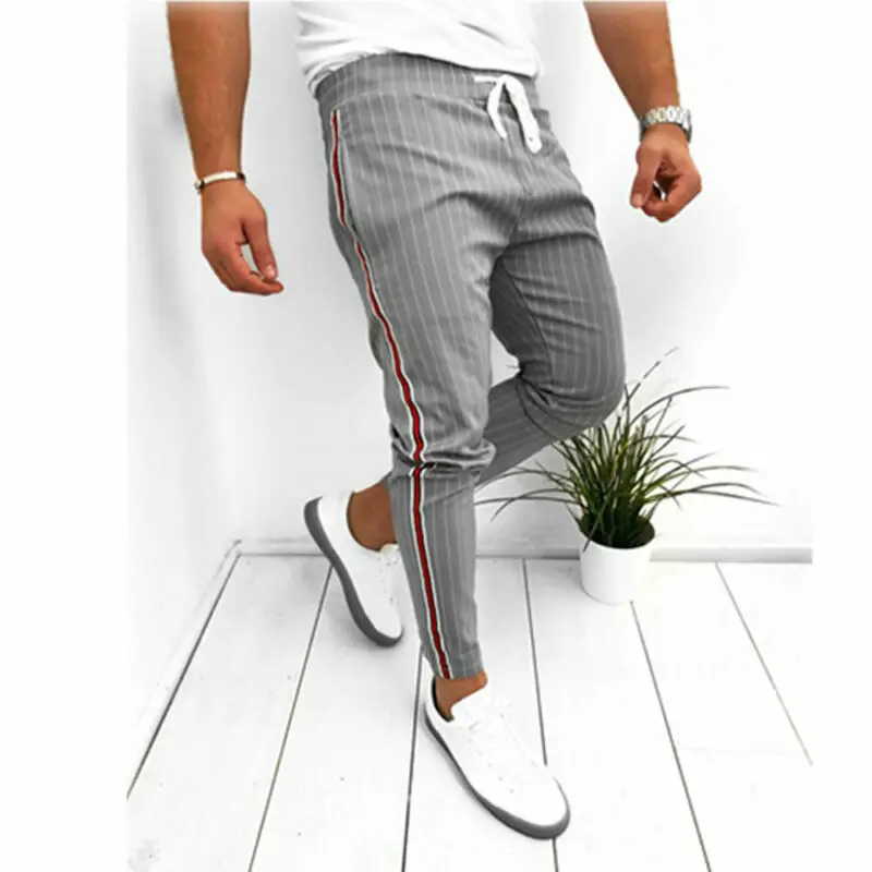 Модные трендовые мужские облегающие повседневные Летние Осенние полосатые длинные узкие брюки простые офисные деловые праздничные брюки