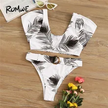 Romwe, спортивный комплект бикини с коротким рукавом и принтом в виде перьев, с поясом, летняя пляжная сексуальная одежда для плавания, Женский беспроводной купальник, купальный костюм