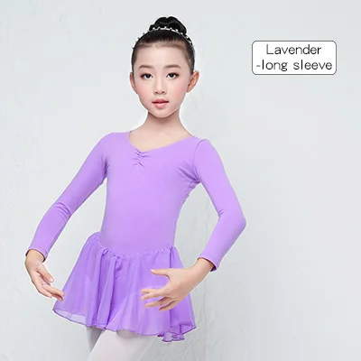 Lavender Long Sleeve Детское балетное трико с длинными/короткими рукавами для девочек, детское хлопковое танцевальное платье для тренировок, шифоновое платье с юбкой - Цвет: Lavender Long Sleeve