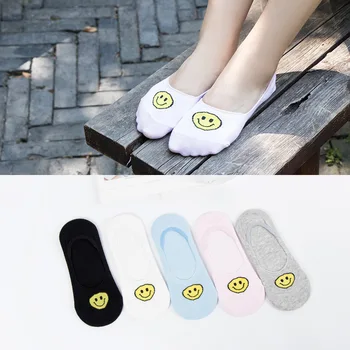 

5 Pairs/lot Women Antiskid Sock Slippers Cute Invisible Socks Cotton Summer Non-Slip Boat Socks Simle Emotion