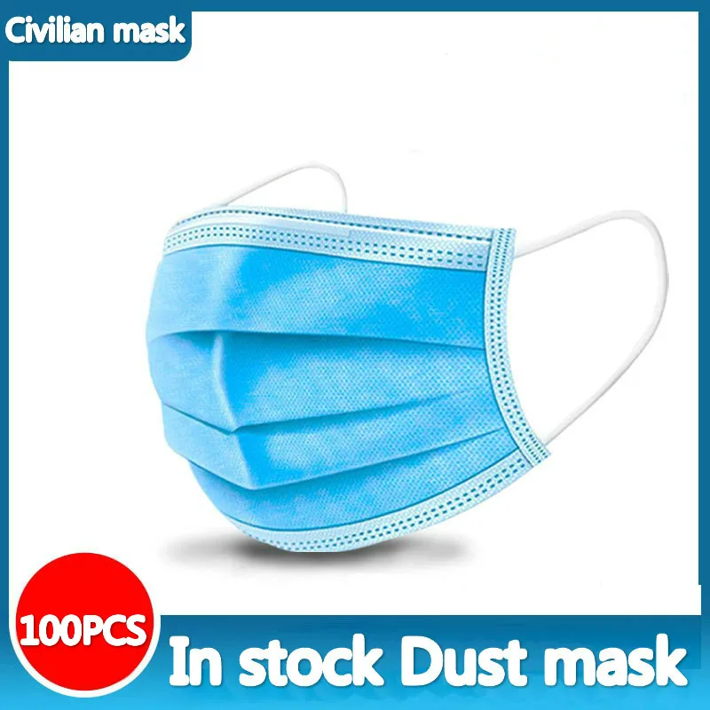 

100PCS Mouth Mask Face Safety Mouth Masks 3 Layer Disposable Anti-Dust Earloops Non-medical Face Masks