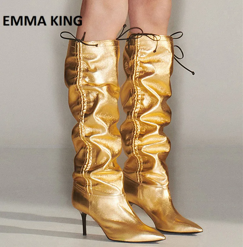 

Self-adjustable Boot Height Women Knee-high Boots Sexy Patent Leather Pointed Toe High Heel Stilettos Nightclub Shoes Dress Boot