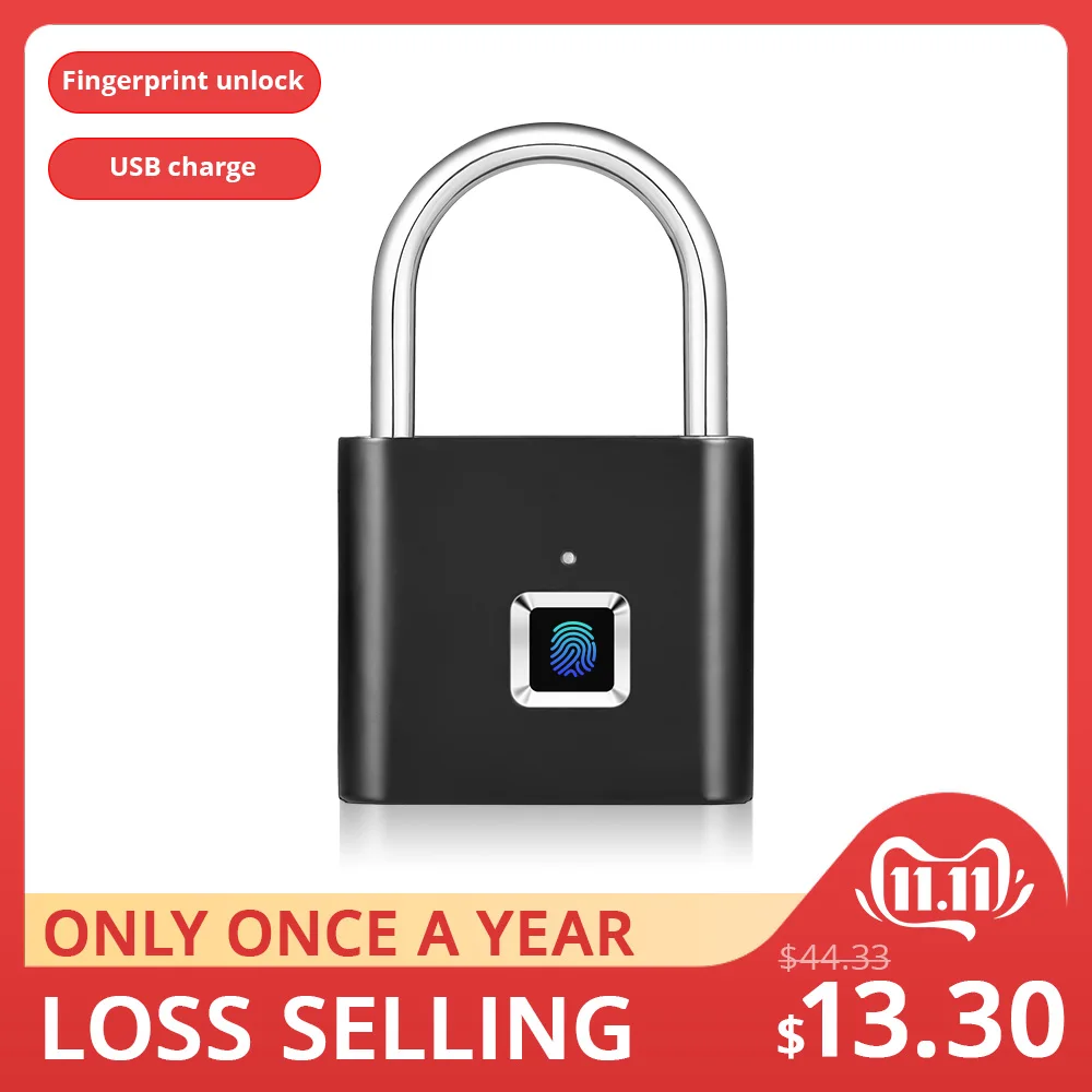 Golden Security Keyless USB Rechargeable Door Lock Fingerprint Smart Padlock Quick Unlock Zinc alloy Metal Self Developing Chip