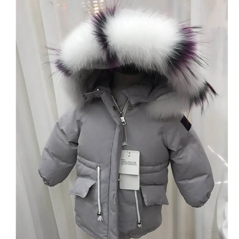 Коллекция года, Детский пуховик зимняя куртка для маленьких мальчиков и девочек длинное плотное пальто на утином пуху с большим лисьим меховым воротником