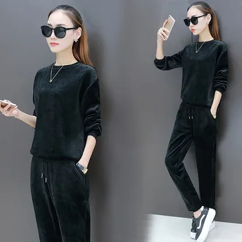 

Sweater two-piece Winter plus velvet Long Sleeve Fashion double-sided gold velvet casual sports suit female round neck slim