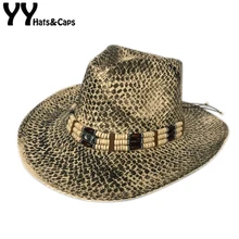 YY новая соломенная западная ковбойская шляпа для мужчин летние солнечные пляжные шляпы бусы, сделанные своими руками Панама шляпа ковбойская джаз шляпы CM19010
