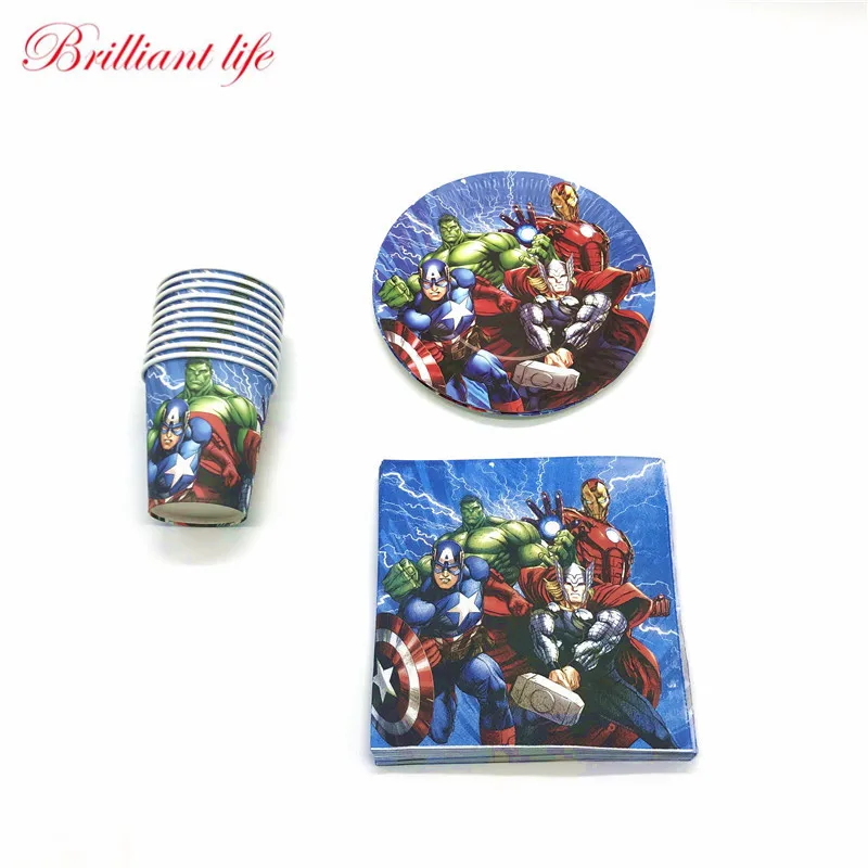 40 шт./лот Мстители тема детский день рождения принадлежности одноразовые бумажные кружки, тарелки, салфетки детский душ декоративные столовые принадлежности наборы