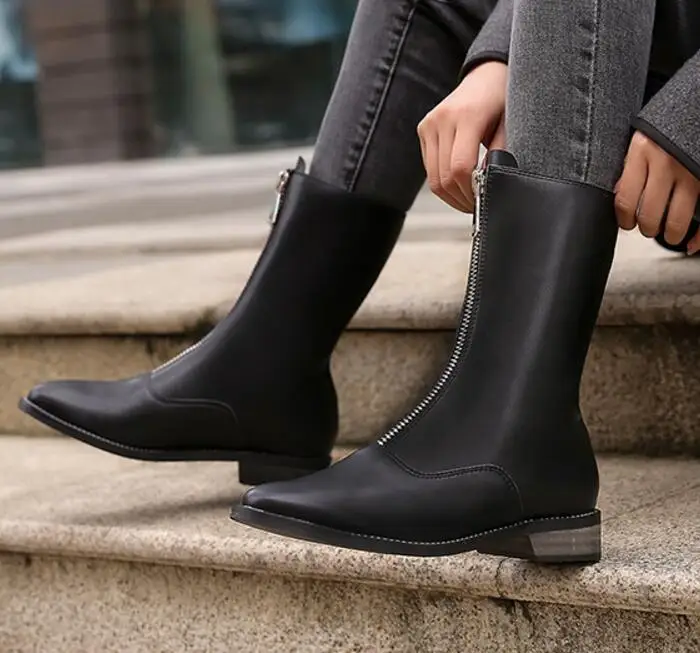 black with plush Сапоги до середины икры на молнии спереди, большие размеры 41 женские дизайнерские черные/белые кожаные ботинки челси в стиле панк botas para mujer зимние ботинки 3 - Цвет: black with plush