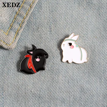 

XEDZ black and white rabbit sister enamel pins pink sad turban pet rabbit cartoon animal pushpin fun jewelry punk lapel brooch