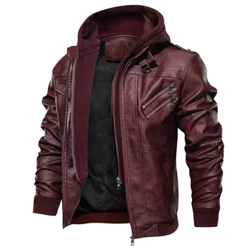 

Men Outwear PU Leather Jackets Coat Zipper Detachable Hat with Pockets for Autumn TC21