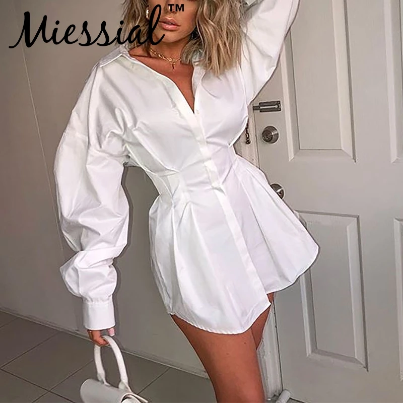 Miessial белое мини платье с длинным рукавом женское повседневное офисное