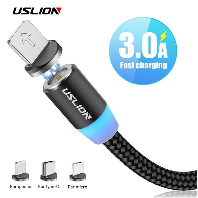 USLION 3A Магнитный кабель Micro usb type C Быстрая зарядка Micro usb type-C светодиодный зарядное устройство для телефона USB C для iPhone huawei Xiaomi кабель