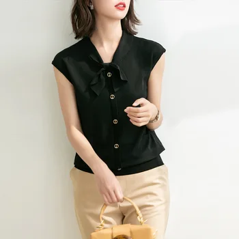 

2020 Spring Summer Office Lady Knitted V Neck 4 Solid Color Sleeveless Sweater Patchwork Thin Size M-l Women Pullover JL-XY9280