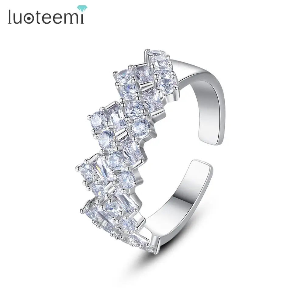 LUOTEEMI Geometric Resizeable Open Ring for Women Wedding Engagement AAA Clear Cubic Zircon White Gold Color Fashion Jewelry | Украшения и