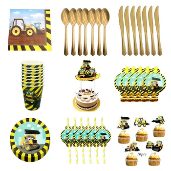 

Construction vehicle Excavator Theme Party Supplies Disposable Tableware Napkin Paper Plate Cups Birthday Party Decor Kids