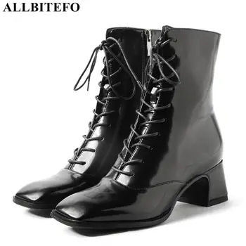 

ALLBITEFO real genuine leather high heels fashion ankle boots for women brand thick heels women boots girls motocycle boots