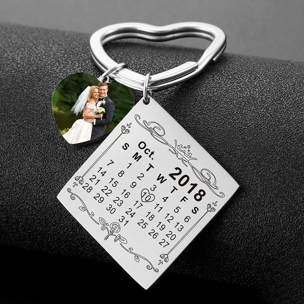 Personalized Calendar Keychain Custom Photo Engraved Date Heart Keyring Stainless Steel Couple Wedding Anniversary Jewelry Gift