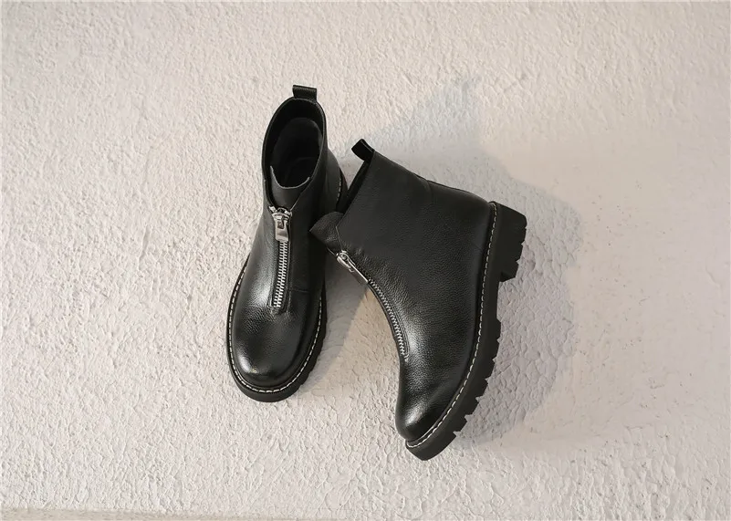 Meotina Winter Ankle Boots Women Natural Genuine Leather Thick Heel Short Boots Zipper Round Toe Shoes Ladies Autumn Size 34-39