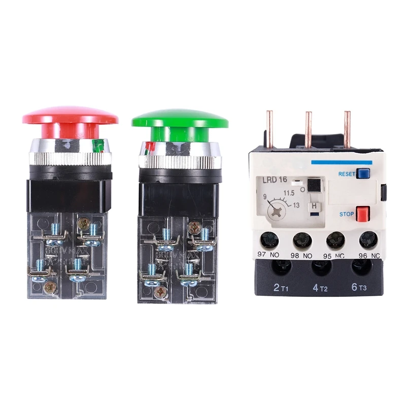 

3 Poles AC 9A - 13A Thermal Overload Electric Relay 1 NO 1 NC & Red Green AC 250V 6A DPST Momentary Mushroom Head Push Button Sw