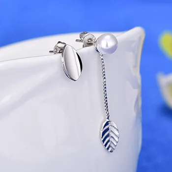 

Korean sweet leaf pearl asymmetric earrings ear line leaf earrings personalized long female earrings