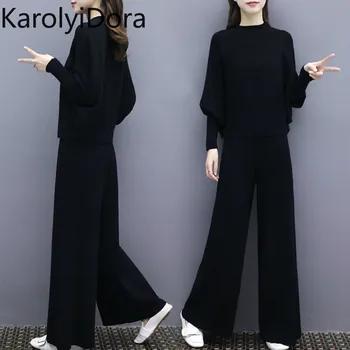 

2 piece set women2019 autumn new fashion women's bat sleeve knit wide leg pants suit female loose large size two-piece female