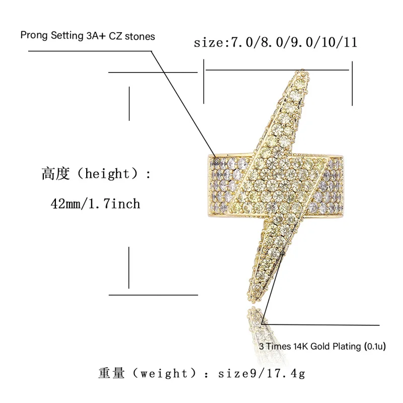 AAA+ CZ циркон проложили Bling Iced Out Lightning кольца для мужчин и женщин кубический цирконий кольца мужские хип-хоп рэппер ювелирные изделия серебро золото