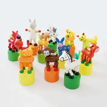 

12Pcs/Set Wooden Animal Push up Press Moving Doll with Base Interactive Kids Toy New