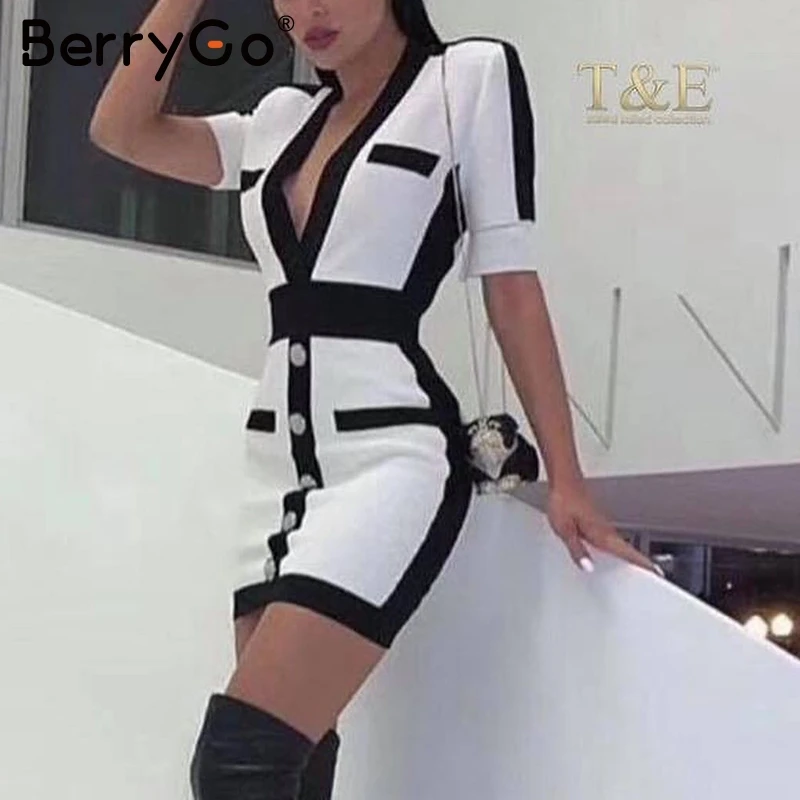 BerryGo Sexy v-neck women knitted dress Vintage winter lady club streetwear mini dress Party style autumn bodycon sweater dress