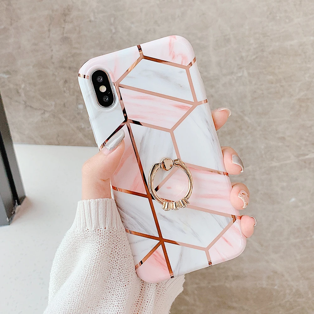 i Чехол для телефона LOVECOM для iPhone 11 Pro XR XS Max 6 6S 7 8 Plus X Мягкая Гальваническая мраморная задняя крышка с кольцом на палец - Цвет: i