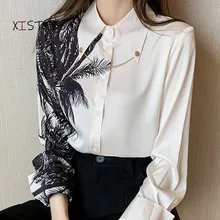 

Silk Shirts With Chain For Women 2021 Elegant Blouses Printed Chiffon Shirts Ladies OL Style Tops Satin Blouse Tops Clothings