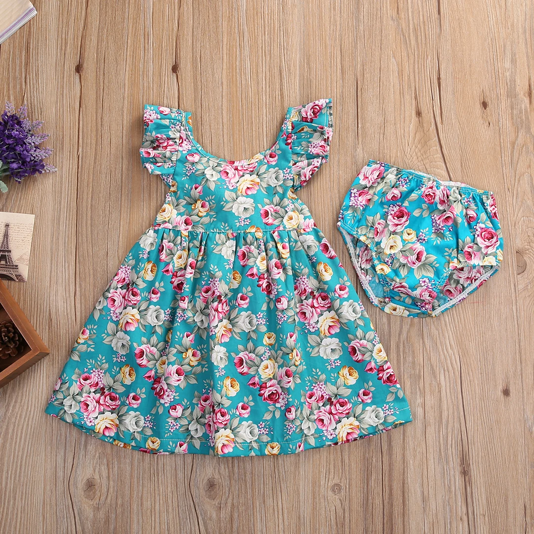 Милое летнее платье с оборками и цветочным рисунком для маленьких девочек, сарафан трусики, комплект одежды, От 1 до 4 лет платье для маленьких девочек на день рождения