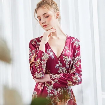 

Burgundy Spring Full Sleeve Lady Robe Sexy Print Flower V-Neck Intimate Lingerie Sleepwear Bathrobe Rayon Casual Night Gown M-XL