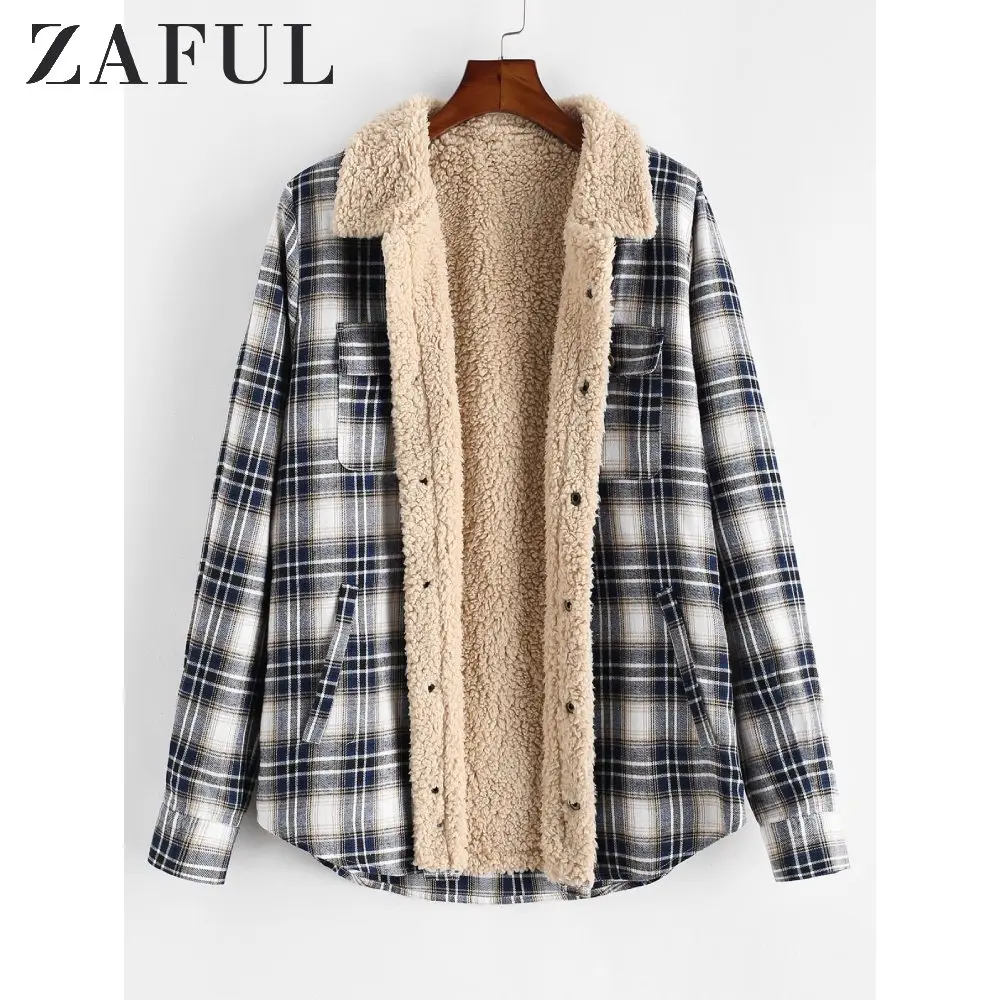 

ZAFUL Men Jacket Plaid Pattern Casual Button Fluffy Jacket Turn-Down Collar Long Sleeves Jackets Pocket Winter Fuzzy Jacket