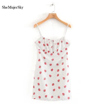 

SheMujerSky Summer White Spaghetti Strap Dress Strawberry Dot Print Beach Dress 2020 Slim Mini Dress