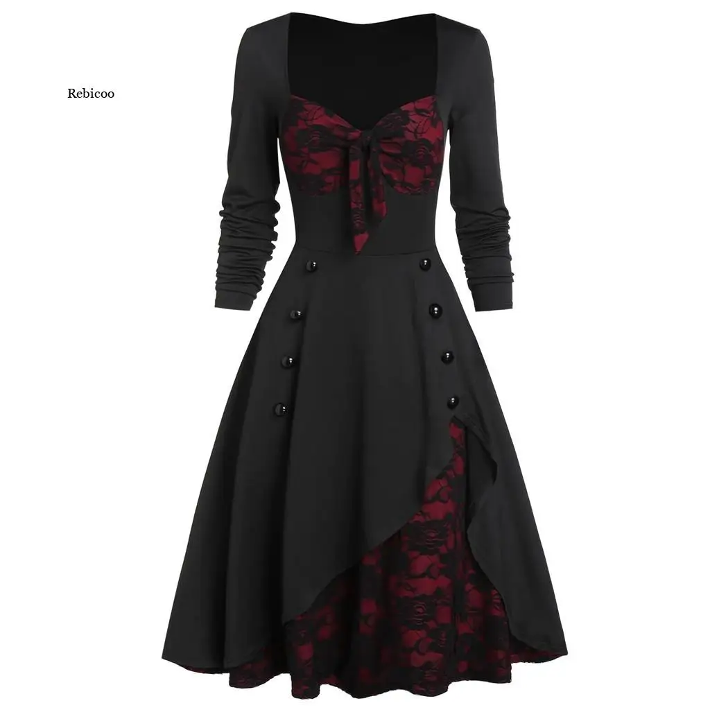 

Elegante Women Dress Party Dress Flower Lace Insert Mock Button Bowknot Vintage Dress Vestidos Mujer