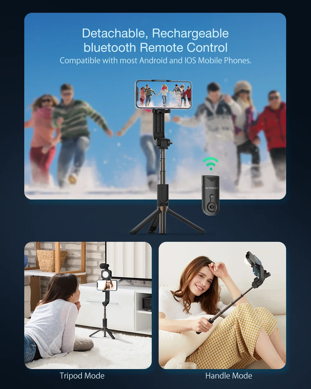 BlitzWolf BW-BS15 Tripod Selfie Stick with Fill Light & Microphone description image 3