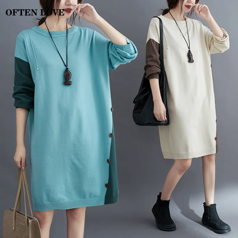 

OFTEN LOVE 2020 autumn and winter mid-length knitted sweater warm stitching loose large size sweater slim raglan sleeve dress