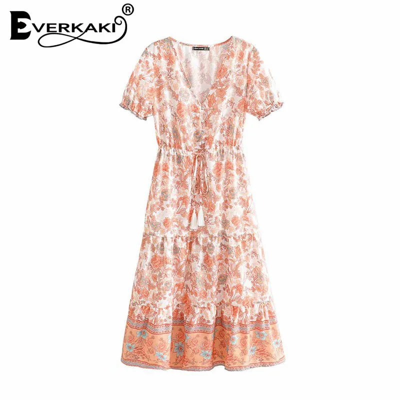 Pink Everkaki винтажное длинное платье с кисточками и поясом, Boho, с принтом, на пуговицах, летнее женское платье, цыганское макси платье, для женщин,, весна, Новинка - Цвет: Pink