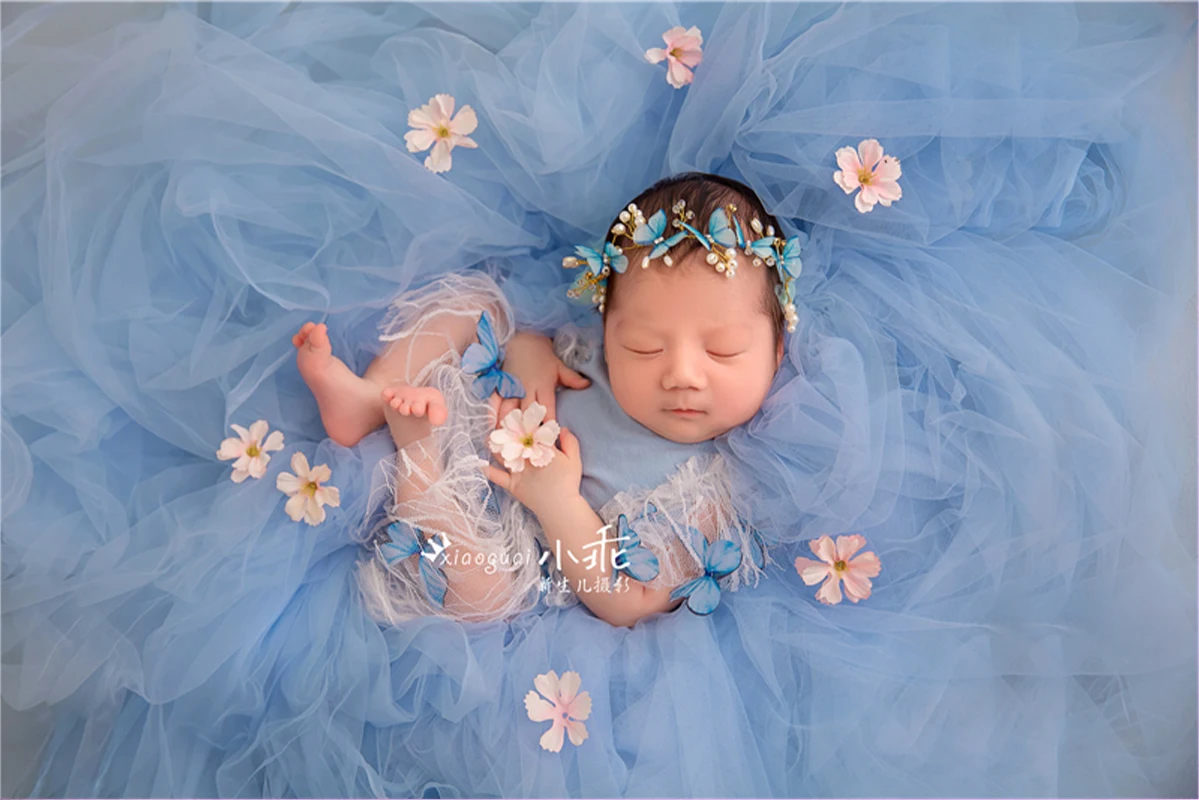 Newborn Photography Accessory Set Cute Baby Girl Romantic Lavender Sky Blue Lace Butterfly Headband Props dvotinst newborn photography props baby posing basket cute mini wooden cribs bed fotografia accessorio studio shoot photo props