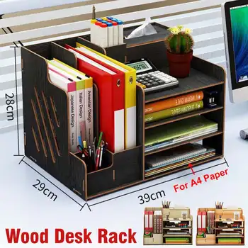 

Multi-function Desktop Organizer Wooden Storage Box Office File Tray Adjustable Wood Display Shelf Tissue Holder with Drawer