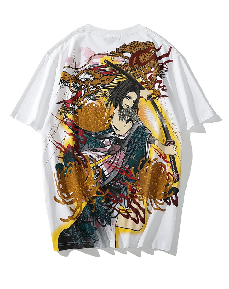 Japanese fashion brand men's bronzing chrysanthemum flying dragon print beauty short-sleeved breathable casual T-shirt summer • COLMADO