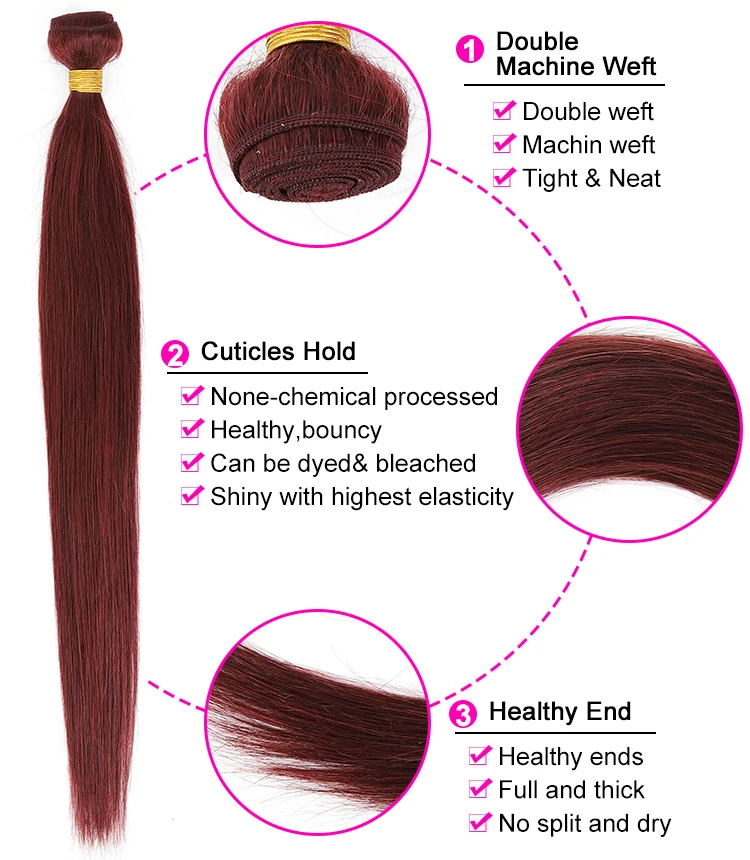 Brazilian Human Hair Weave 3 Bundles With Closure Non Remy Straight 99J Bulk Hair Extension Ombre Colored Bundles With Closure