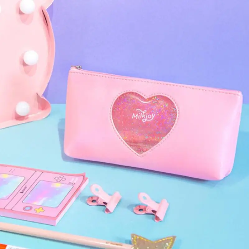 Мини-чехол для карандашей Kawaii Diamond Love School, милая лазерная ручка для канцелярских принадлежностей, прозрачная сумка для девочек, чехол для карандашей, большой пенал K7X0