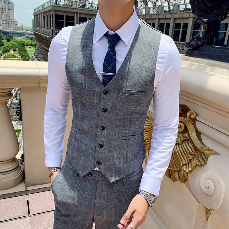 Dongba Mens Suit Vest V-Neck 5 Button Plaid Slim Formal Business Casual Waistcoat 