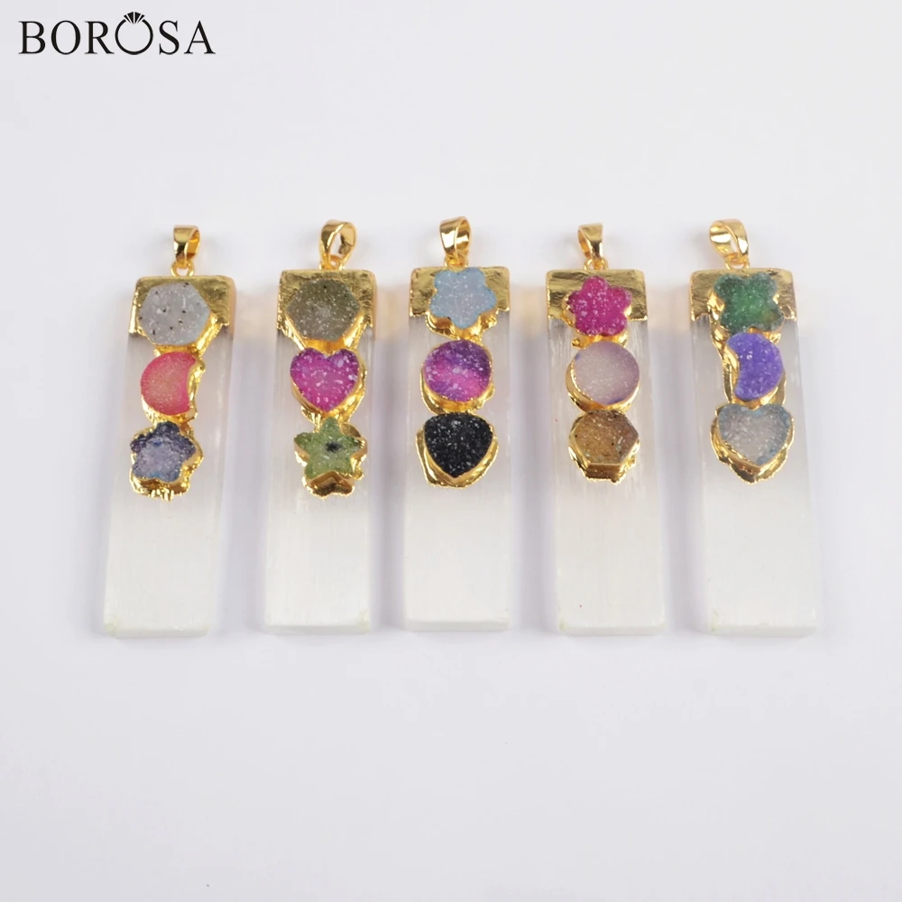

BOROSA 5Pcs 2019 New 26" Rectangle Shape Gold Plating Selenite Stone & Rainbow Agates Druzy Pendant Women Necklace Jewelry G1853