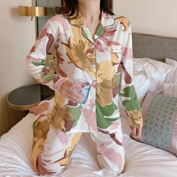 

Spring and Autumn Pajamas Peony Print Striped Cardigan Two-Piece Long Sleeve Long Pants Fashion Two-Piece Pajamas Leisure Tops