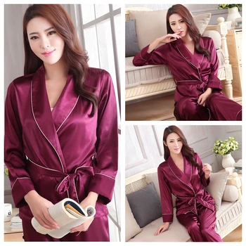 

Long Sleeve Sleepwear Pajamas Suit Female Sleep Homewear Women Faux Silk Satin Pajamas Set 2 Piece Spring Summer