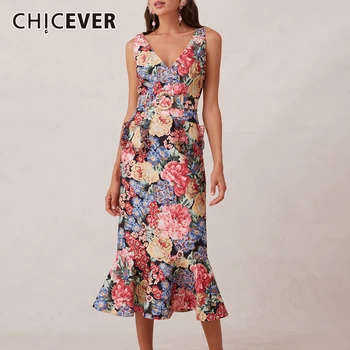 

CHICEVER Print Floral Dress For Women V Neck Sleeveless High Waist Sashes Vintage Trumpet Dresses Female 2020 Fashion New